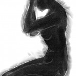 Silhouette of a kneeling woman with her head in her hands