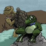 An illustrated frog and turtle sitting on a rock in a body of water.